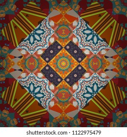 Seamless pattern in orange, blue and red colors. Ethnic motif. Vintage mosaics. Vector illustration.