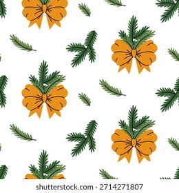 Seamless pattern with orange bows and scattered pine tree branches. Flat style print, ideal for holiday wrapping paper, festive fabric, or digital background design