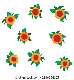 Seamless pattern with orange bright sunflowers, a variety of sunflowers set, isolated on white, green leaves, vector, eps 10