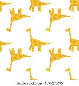Seamless pattern with orange brontosaurus, a happy dinosaur with a smile. Isolated. Illustration for children. Drawn by hands. It can be used for design of fabrics, wrapping paper, phone cases.
