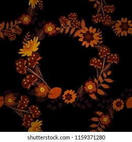 Seamless pattern with a orange, brown and black bright summer floral print, flowers, foliage. Vector illustration.