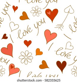 Seamless pattern in orange and brown colors of many hearts, I love you text, chamomile flower and letter. Hand-drawn elements on a white background. Vector heart and love stylized background.