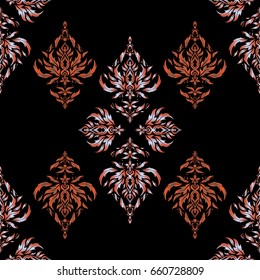 Seamless pattern with orange and brown elements on a black background. A vector ornament in east style. Design for the text, invitation cards, various printing editions.