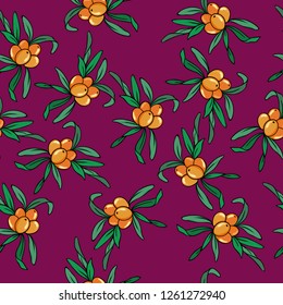 Seamless pattern with orange buckthorn berries and green leaves on purple background. Hand drawn vector illustration.