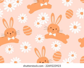 Seamless pattern with orange bunny rabbit cartoons, Easter egg and daisy flower garden on pink background vector illustration. Cute childish print.
