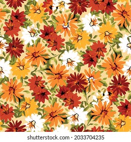 Seamless pattern and orange   burgundy florals  Ditsy decorative sunflower daisy floral design   foliage for fall  Thanksgiving  autumn  summer  Flowers  buds   leaf  
