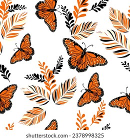 Seamless pattern orange butterflies. Fauna great for textile, background, wallpaper . hand drawing. Not AI, Illustrat3 . Vector illustration