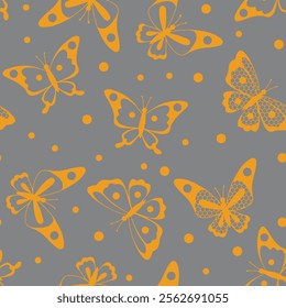 Seamless Pattern of Orange Butterflies on Gray Background