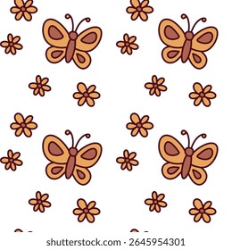 Seamless pattern with orange butterflies and yellow flowers scattered across white background. Perfect for spring and summer children’s design