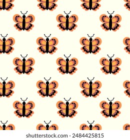 Seamless Pattern with orange butterfly. Abstract ornament design wings. Insect wallpaper. Vector illustration background.