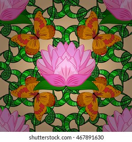 Seamless pattern of orange butterfly and green stripe doodles and pink lotus. Vector illustration.