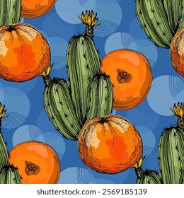 Seamless Pattern with Orange and cactus. Color sketch style hand drawn background. Detailed illustration, hand drawn. Great for fabric and textile, prints, invitation, packaging, or any desired idea.