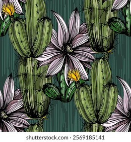 Seamless Pattern with Orange and cactus. Color sketch style hand drawn background. Detailed illustration, hand drawn. Great for fabric and textile, prints, invitation, packaging, or any desired idea.