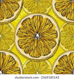 Seamless Pattern with Orange and cactus. Color sketch style hand drawn background. Detailed illustration, hand drawn. Great for fabric and textile, prints, invitation, packaging, or any desired idea.