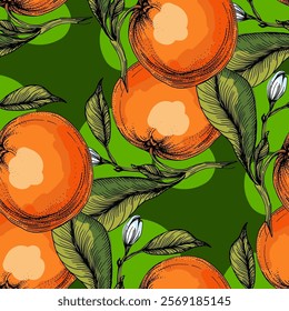 Seamless Pattern with Orange and cactus. Color sketch style hand drawn background. Detailed illustration, hand drawn. Great for fabric and textile, prints, invitation, packaging, or any desired idea.
