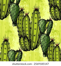 Seamless Pattern with Orange and cactus. Color sketch style hand drawn background. Detailed illustration, hand drawn. Great for fabric and textile, prints, invitation, packaging, or any desired idea.
