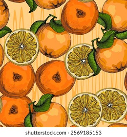 Seamless Pattern with Orange and cactus. Color sketch style hand drawn background. Detailed illustration, hand drawn. Great for fabric and textile, prints, invitation, packaging, or any desired idea.
