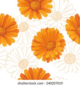 Seamless pattern with orange calendula flowers on white.