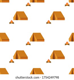 Seamless pattern with orange camping tent and camp fire. Flat illustration.
