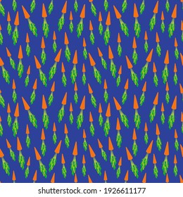 Seamless pattern orange carrot with green leaves, dark blue background trend of the season. Can be used for Gift wrap fabrics, wallpapers, food packaging. Vector