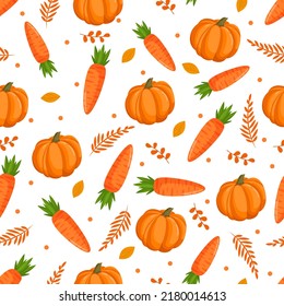 Seamless Pattern With Orange Carrots, Autumn Leaves And Pumpkin. Vector Illustration For Fabrics, Textures, Wallpapers, Posters, Cards. Editable Elements.