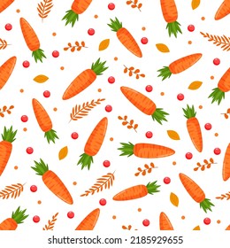 Seamless pattern with orange carrots, autumn leaves and red berries. Vector illustration for fabrics, textures, wallpapers, posters, cards. Editable elements.