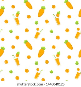 Seamless pattern with orange carrots and carrot juice. Cute vegetables wallpaper background. Vector Illustration.