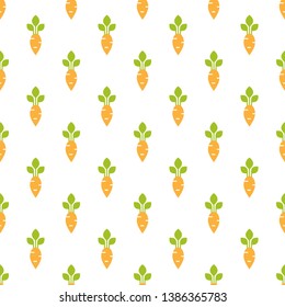 Seamless pattern with orange carrots with green rods on the white background. Vector flat cartoon texture