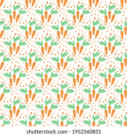 
Patrón sin foco con zanahorias anaranjadas con batwa verde sobre un fondo blanco con puntos de polka naranja. Uso para tejidos, papel envolvente y fondo.
