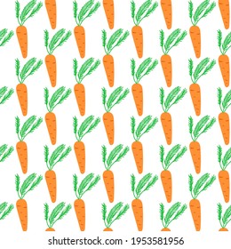 Seamless pattern with orange carrots with green batwa on a white background. Use for fabrics, wrapping paper, backdrops.