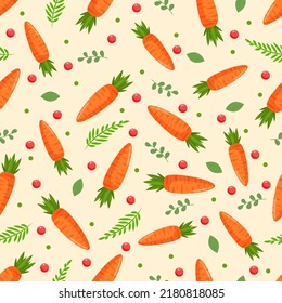 Seamless pattern with orange carrots, green leaves and summer berries. Vector illustration for fabrics, textures, wallpapers, posters, cards. Editable elements.