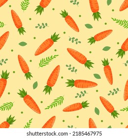 Seamless pattern with orange carrots and green leaves. Vector illustration for fabrics, textures, wallpapers, posters, cards. Editable elements.