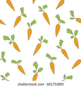 Seamless pattern with orange carrots with green rods on the white background. Vector bright cartoon texture