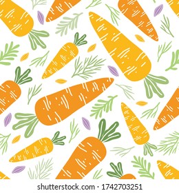 Seamless pattern of orange carrots and greens on a white background. Background of useful vegetables for a healthy diet. Hand drawn farm products and crops. Wrapping paper or restaurant menu