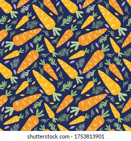 Patrón sin foco de zanahorias anaranjadas y verduras en un fondo azul oscuro. Antecedentes de verduras útiles para una dieta saludable. Productos agrícolas y cultivos extraídos a mano. Papel envuelto o menú del restaurante