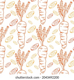 Seamless pattern with orange carrots  isolated on white background. Cute doodle vegetables. Vector illustration.