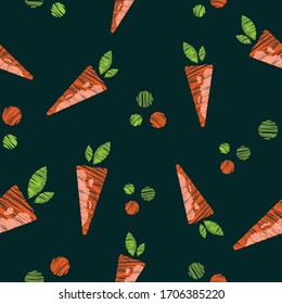 Seamless pattern orange carrots and leaves shapes dotted repeat endless background cover texture for textile, wrapping paper, wallpapers, curtains, carpets, clothing, fashion fabric prints