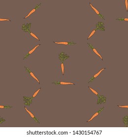 Seamless pattern with orange carrots on brown background for fabric, textile, clothes, tablecloth and other things. Vector image. 