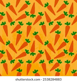 Seamless pattern of orange carrots on a textured yellow background.