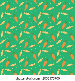Seamless pattern with orange carrots and radishes on a green background. Vector children s cheerful illustration with bright vegetables. Sample for nursery, banner, menu or postcard