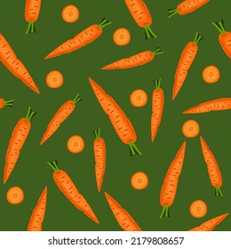 Seamless pattern with orange carrots and slices. Vector pattern on a green background in a flat style.