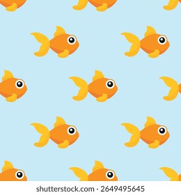 Padrão contínuo de peixe laranja cartoon com barbatanas amarelas e grandes olhos em um fundo azul claro, projetado em um estilo lúdico, minimalista evocando a vida marinha e repetição.