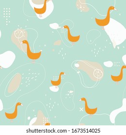Seamless pattern. Orange cartoon geese on abstract turquoise background with dots, lines and round shapes around.