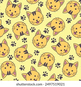 seamless pattern of orange cat with black footprint decoration and pastel yellow background