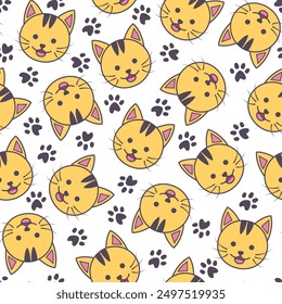 Seamless pattern of orange cat with black footprint decoration and transparent background