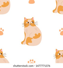 Seamless pattern. Orange cat and paw