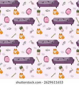  Seamless pattern with orange cats, purple sofas, fish, backpacks, grass, and toys, playful home decor vector