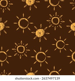 Seamless pattern with orange chalk drawn suns doodles on brown background for textiles and packaging. Vector illustration