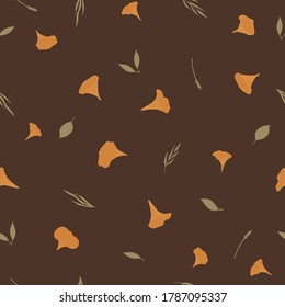 Seamless pattern with orange chanterelle mushrooms,
beige leaves, branches on a brown background.