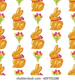 Seamless pattern with orange chocolate bunny and bouquet of tulip flowers on white background. Vector illustration of wallpaper design with sweet gifts on easter. Sweetness in form of holiday mascot.